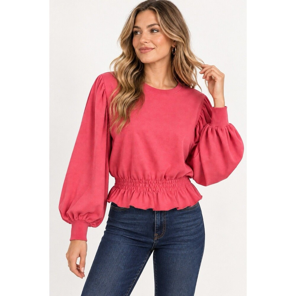 Zara Pink Smocked Waist Balloon Sleeve Sweatshirt Top 100% Cotton Large Casual